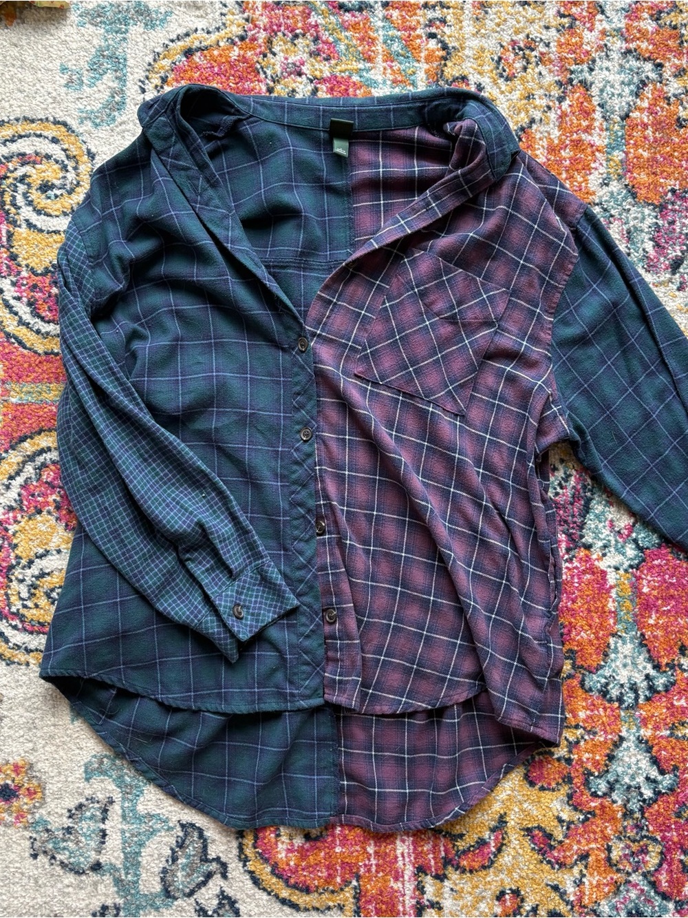 Patch Style Plaid Button-Up Shirt - Navy & Burgundy